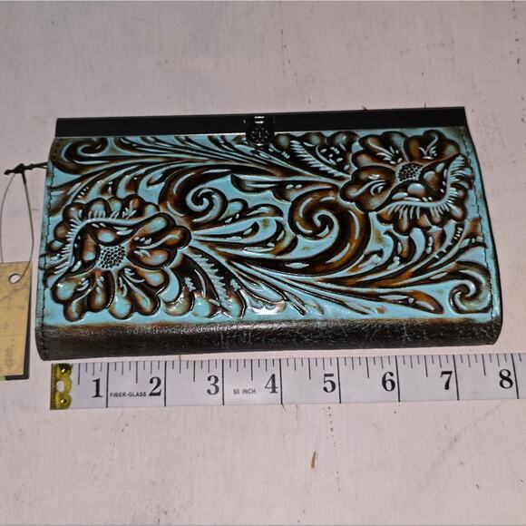 Patricia Nash NWT CAUCHY Wallet Italian Leather Tooled Turquoise Brown NEW - Picture 11 of 12